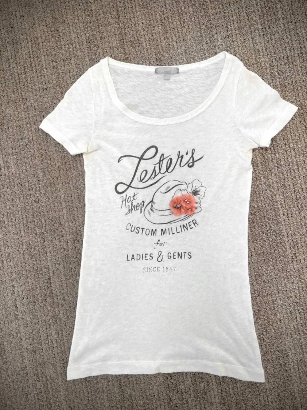 J. Crew Lesters Hat Shop Graphic T Shirt with Silk Flower Decoration, XS